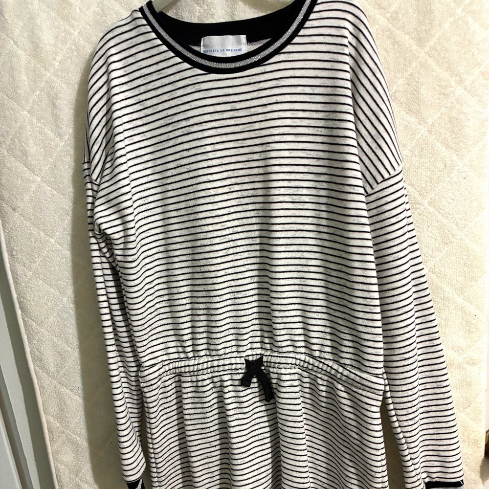 Rockets of Awesome Girl's cotton blend black and white striped long sleeve dress